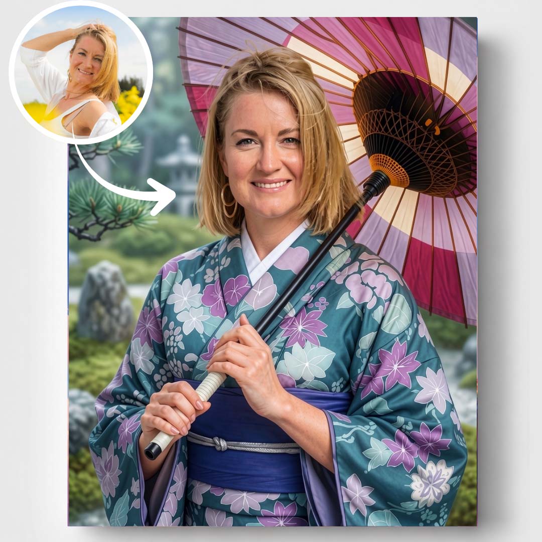 Termékképek - diszes-kimono Díszes japán kimonós hölgy – arccserés számfestő - Image 1