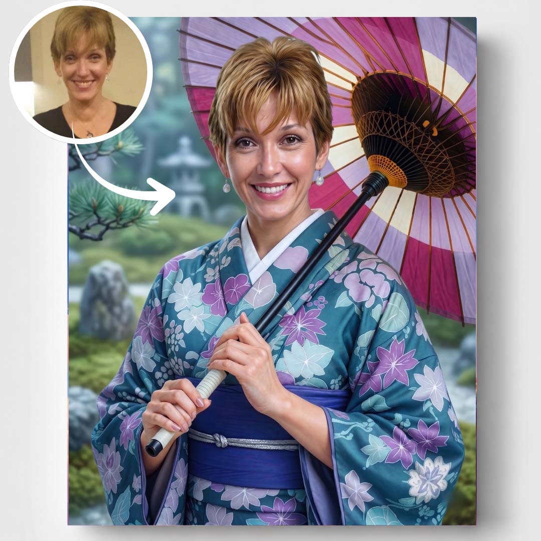 Termékképek - faceswap-termékkép Díszes japán kimonós hölgy – arccserés számfestő - Image 1